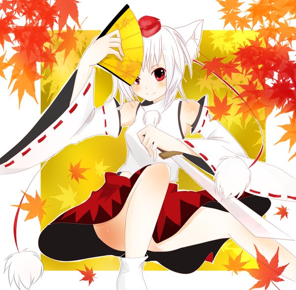 Anime picture 1875x1835 with touhou inubashiri momiji tosura-ayato highres short hair smile red eyes animal ears white hair girl detached sleeves leaf (leaves) fan autumn leaves tokin hat