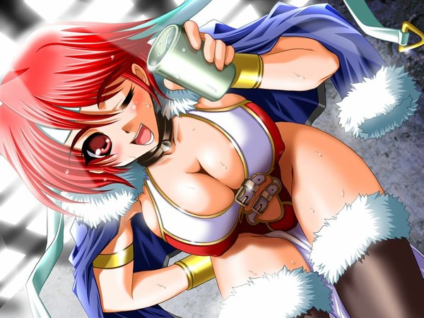 Anime picture 1024x768 with kegaretaeiyu (game) breasts light erotic red eyes large breasts game cg cleavage red hair one eye closed wink girl thighhighs