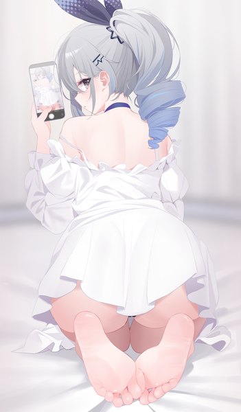Anime picture 4968x8500 with honkai: star rail honkai (series) silver wolf (honkai: star rail) deyui single long hair tall image looking at viewer fringe highres light erotic hair between eyes sitting bare shoulders holding payot absurdres full body ponytail profile