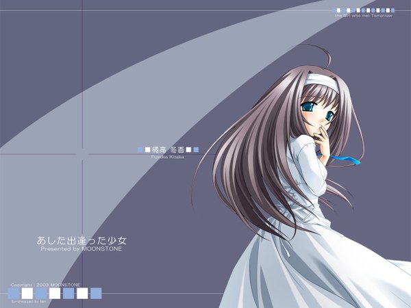Anime picture 1280x960 with ashita deatta shoujo moonstone kittaka fuyuka single long hair looking at viewer blue eyes ahoge grey hair from behind copyright name character names hand to mouth girl dress hairband white dress