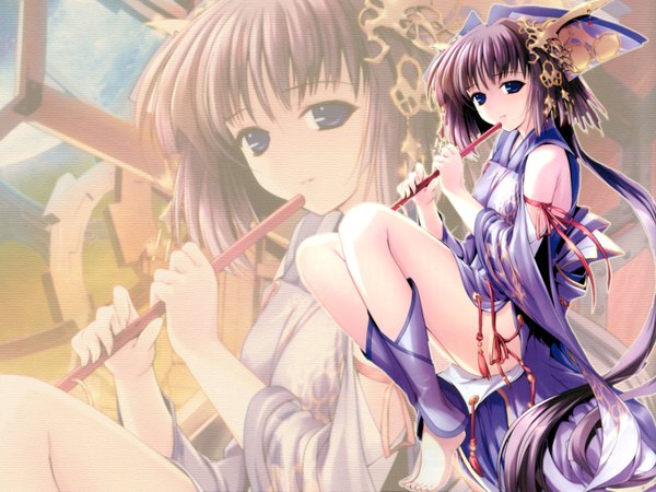 Anime picture 1600x1200 with original ein (long cake) single short hair blue eyes light erotic brown hair holding barefoot legs zoom layer girl dress hair ornament ribbon (ribbons) detached sleeves