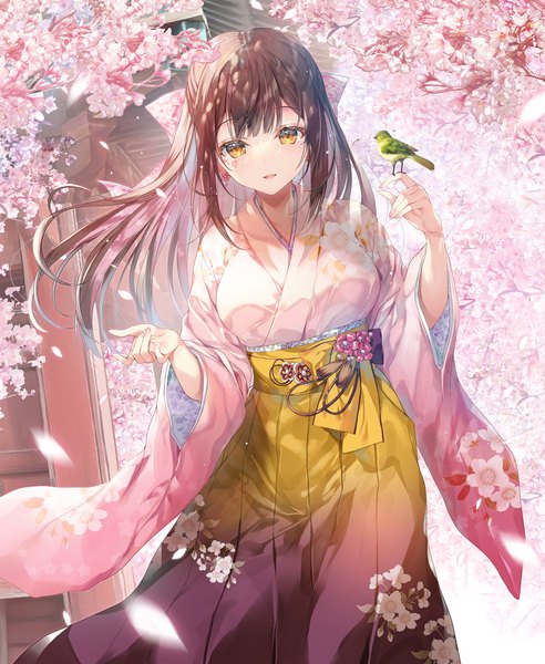 Anime picture 983x1200 with original miwabe sakura single long hair tall image looking at viewer fringe open mouth brown hair standing yellow eyes outdoors blunt bangs traditional clothes japanese clothes multicolored hair wind wide sleeves cherry blossoms floral print