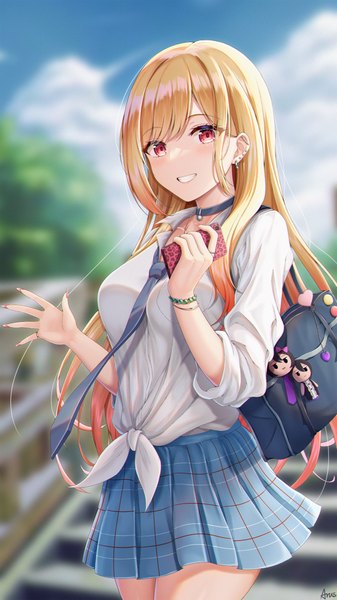 Anime picture 2160x3840 with sono bisque doll wa koi wo suru cloverworks kitagawa marin nikaidou shion arus single long hair tall image fringe highres blonde hair hair between eyes red eyes standing sky cloud (clouds) outdoors pleated skirt fingernails blurry
