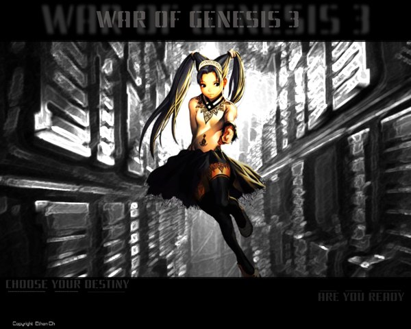 Anime picture 1500x1200 with war of genesis 3 war of genesis single long hair blonde hair twintails outstretched arm girl thighhighs