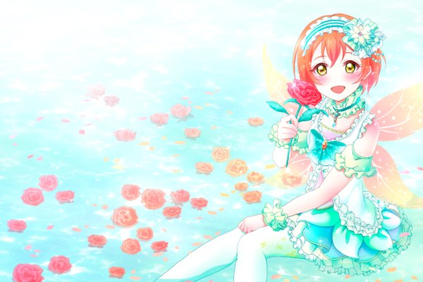 Anime picture 1500x1000 with love live! school idol project sunrise (studio) love live! hoshizora rin pipette (artist) single looking at viewer blush short hair open mouth yellow eyes orange hair girl dress hair ornament flower (flowers) wings frills hairband