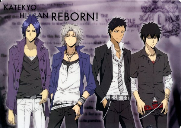 イラスト 1024x727 と 家庭教師ヒットマンREBORN! 雲雀恭弥 六道骸 gokudera hayato yamamoto takeshi 田中将賀 カメラ目線 短い髪 青い目 黒髪 赤い目 緑の目 黄色眼 青い髪 purple hair grey hair open clothes open jacket copyright name text