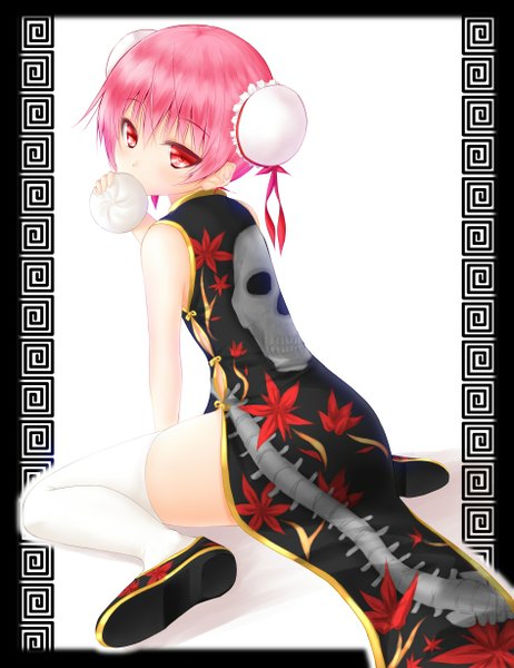 Anime picture 945x1228 with inu x boku ss david production roromiya karuta noppi (noppi 98) single tall image looking at viewer blush short hair red eyes white background sitting pink hair full body traditional clothes hair bun (hair buns) chinese clothes eating girl thighhighs