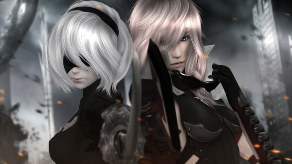 Anime picture 1920x1080 with final fantasy nier nier:automata final fantasy xiii square enix yorha no. 2 type b lightning farron tagme (artist) long hair fringe highres short hair breasts wide image multiple girls holding pink hair outdoors white hair head tilt