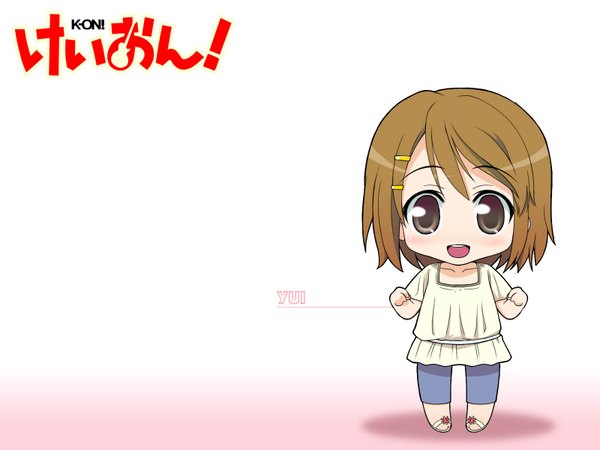 Anime picture 1600x1200 with k-on! kyoto animation hirasawa yui kikujin single looking at viewer short hair open mouth simple background brown hair standing white background brown eyes full body :d copyright name character names chibi girl bobby pin