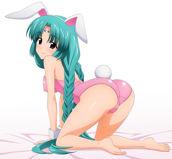 Anime picture 1796x1664 with lost universe canal volphied wave ride long hair highres light erotic simple background white background animal ears green hair black eyes bunny ears kneeling bunny girl on all fours bunny tail girl wrist cuffs bunnysuit