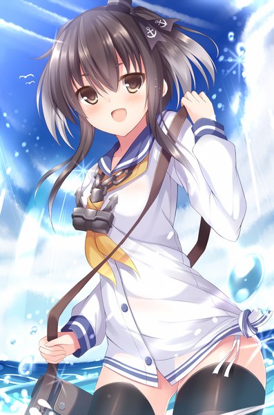 Anime picture 1354x2046 with kantai collection tokitsukaze destroyer tomoo (tomo) single tall image looking at viewer blush short hair open mouth black hair brown eyes girl thighhighs black thighhighs bag sailor suit anchor