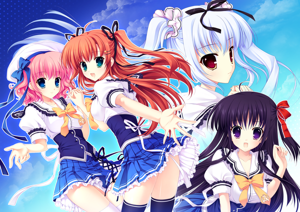 Anime picture 5068x3583 with yuyukana takasaki honoka himezono risa yuyuzuki ako kusunoki kukune mitha long hair highres short hair open mouth blue eyes black hair red eyes purple eyes multiple girls green eyes pink hair absurdres white hair red hair