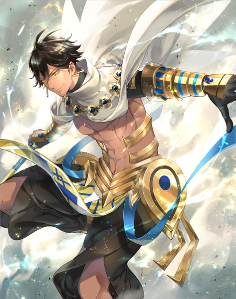 Anime picture 1378x1749 with fate (series) fate/prototype ozymandias (fate) noes single tall image fringe short hair black hair hair between eyes yellow eyes bent knee (knees) wind looking down spread arms muscle abs boy earrings armor