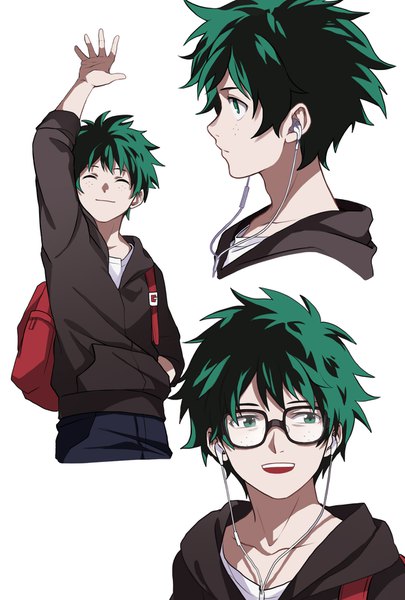 Anime picture 1181x1748 with boku no hero academia studio bones midoriya izuku juni gen tall image short hair open mouth simple background smile white background green eyes eyes closed :d profile green hair alternate costume multiview ^ ^ hand in pocket freckles