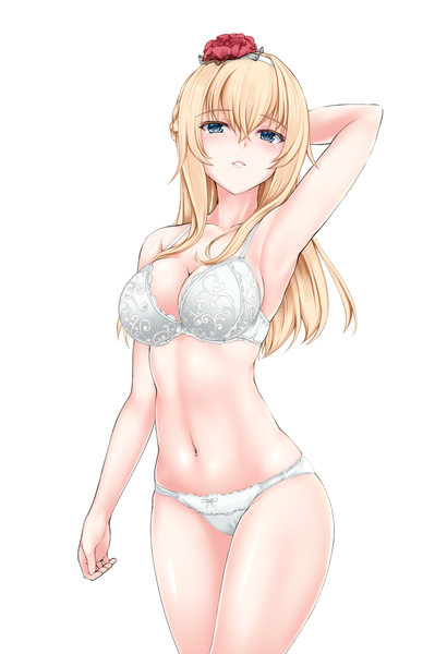 Anime picture 1113x1628 with kantai collection warspite (kantai collection) z5987 single long hair tall image looking at viewer blush fringe breasts blue eyes light erotic simple background blonde hair hair between eyes standing white background cleavage braid (braids) parted lips