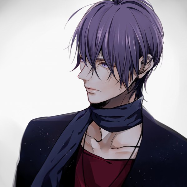 Anime picture 821x821 with lucky dog giulio di bondone komichi96 single fringe short hair simple background hair between eyes purple eyes looking away purple hair from above lips grey background portrait boy scarf pendant