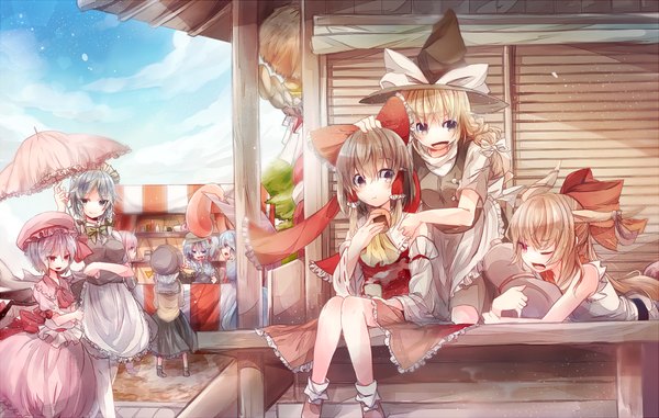 Anime picture 2000x1270 with touhou hakurei reimu remilia scarlet kirisame marisa izayoi sakuya komeiji koishi ibuki suika kawashiro nitori tatara kogasa sugino (patrassyar) long hair blush highres short hair open mouth blue eyes blonde hair smile red eyes brown hair