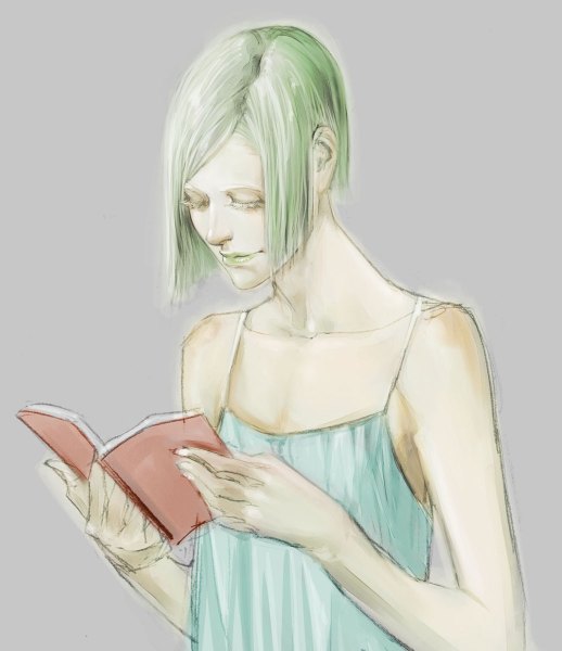 Anime picture 1036x1200 with original ikeda masateru single tall image short hair blonde hair standing green hair grey background flat chest girl dress book (books)
