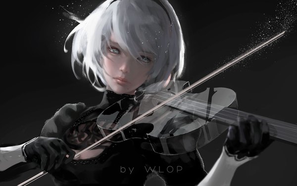Anime picture 1600x1004 with nier nier:automata yorha no. 2 type b wlop single fringe short hair blue eyes simple background hair between eyes signed looking away white hair head tilt lips mole dark background mole under mouth girl dress