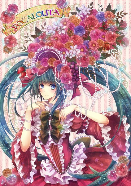 Anime picture 800x1134 with vocaloid hatsune miku yuzuki kiririi single tall image looking at viewer blush fringe blue eyes smile standing twintails payot very long hair aqua hair inscription wide sleeves sparkle frilled dress girl