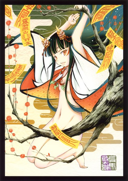 Anime picture 3250x4601 with original eshi 100-nin ten arima keitarou long hair tall image highres light erotic black hair absurdres traditional clothes barefoot horn (horns) orange eyes girl flower (flowers) plant (plants) tree (trees) ofuda