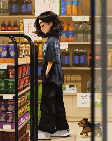 Anime picture 1080x1350 with original sam yang single tall image short hair black hair standing full body profile short sleeves looking down hand in pocket hands in pockets girl animal bracelet pants t-shirt bottle dog