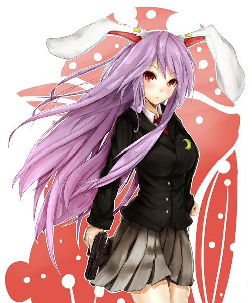 Anime picture 920x1104 with touhou reisen udongein inaba yukizumi remon single long hair tall image looking at viewer blush red eyes standing animal ears purple hair pleated skirt wind crescent girl skirt uniform weapon necktie