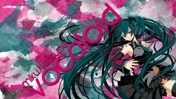 Anime picture 1920x1080 with vocaloid hatsune miku single long hair highres breasts open mouth red eyes wide image twintails very long hair green hair girl skirt necktie hands