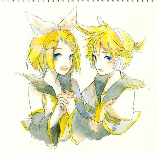 Anime picture 1125x1107 with vocaloid kagamine rin kagamine len sugi (artist) short hair open mouth blue eyes blonde hair simple background white background holding hands twins interlocked fingers traditional media watercolor (medium) girl boy hair ornament bow hair bow