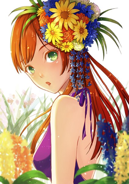 Anime picture 705x1000 with original bichon168 single long hair tall image looking at viewer blush open mouth bare shoulders green eyes hair flower orange hair girl hair ornament flower (flowers)