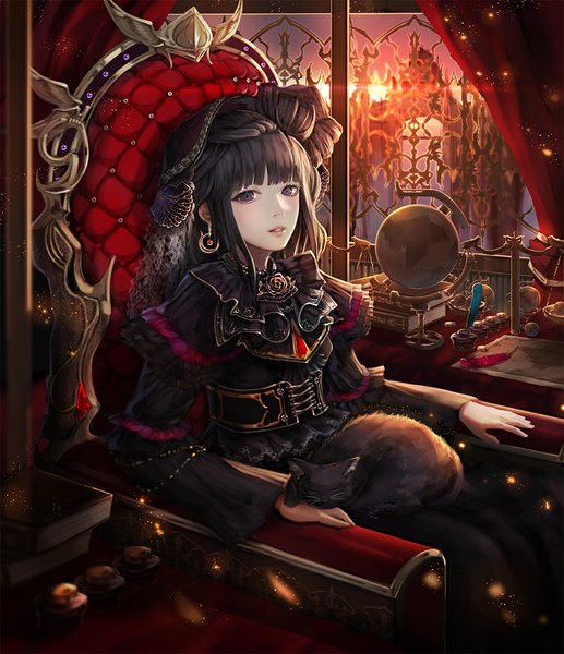 Anime picture 995x1155 with original jname single tall image looking at viewer sitting purple eyes sunlight girl dress hair ornament animal window book (books) cat feather (feathers) lace throne globe weighing scale