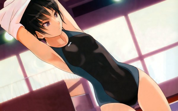Anime picture 1920x1200 with amagami nanasaki ai highres short hair wide image purple hair black eyes swimsuit one-piece swimsuit school swimsuit