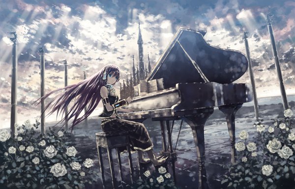 Anime picture 1680x1079 with vocaloid megurine luka isou nagi sky girl flower (flowers) rose (roses) castle white rose piano