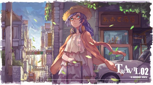 Anime picture 3507x1948 with original xinuo single long hair looking at viewer fringe highres blue eyes smile wide image holding sky purple hair outdoors sunlight headphones around neck street girl dress hat