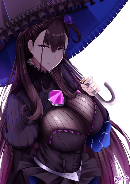 Anime-Bild 3507x4960 mit fate (series) fate/grand order murasaki shikibu (fate) deroo single long hair tall image looking at viewer fringe highres breasts light erotic simple background hair between eyes brown hair large breasts white background purple eyes signed payot