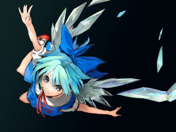 Anime picture 3333x2500 with touhou cirno hanimani (artist) highres short hair blue eyes simple background smile blue hair absurdres flying girl bow ribbon (ribbons) wings