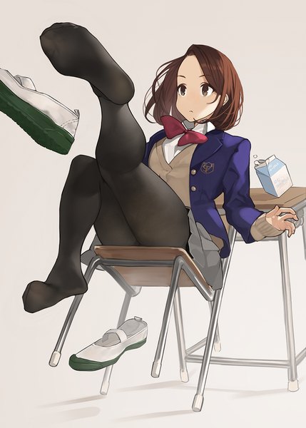 Anime picture 858x1200 with miru tights moegi homi yomu (sgt epper) single tall image short hair simple background brown hair sitting looking away full body bent knee (knees) pleated skirt no shoes legs soles legs up shoes removed girl skirt