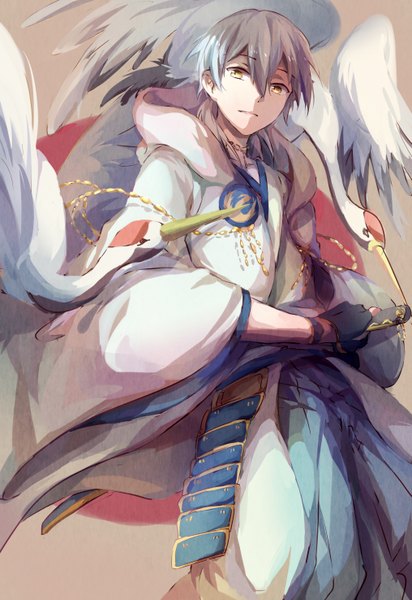 Anime-Bild 2031x2952 mit touken ranbu nitroplus tsurumaru kuninaga elec single tall image looking at viewer fringe highres short hair standing holding yellow eyes traditional clothes japanese clothes light smile wide sleeves from below grey eyes looking down