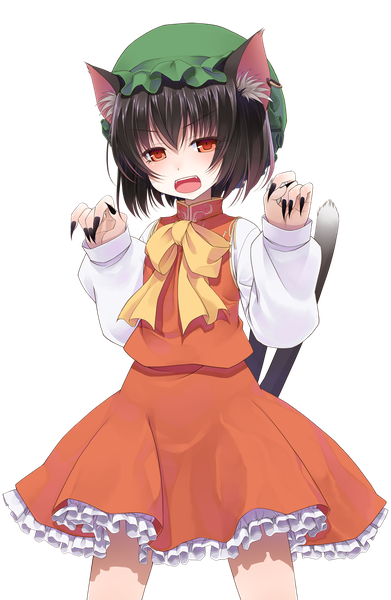 Anime picture 805x1235 with touhou chen crote single tall image looking at viewer short hair open mouth black hair red eyes animal ears tail animal tail cat ears cat girl cat tail transparent background girl dress skirt