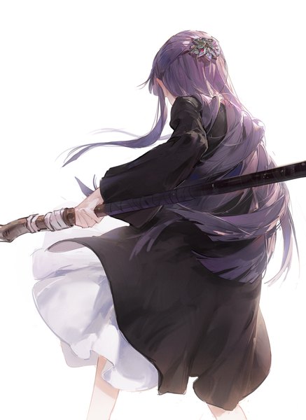 Anime picture 1800x2471 with sousou no frieren fern (sousou no frieren) dino (dinoartforame) single long hair tall image highres simple background standing white background purple hair from behind half updo girl hair ornament staff