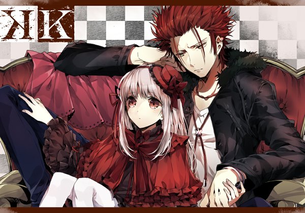 Anime picture 1000x700 with k-project gohands (studio) mikoto suoh kushina anna wonoco0916 daburyuu long hair short hair red eyes sitting brown eyes red hair loli piercing holding hands checkered checkered background girl dress boy