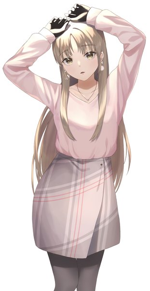 Anime picture 1844x3563 with virtual youtuber nijisanji sister cleaire irise single long hair tall image looking at viewer fringe highres open mouth simple background blonde hair standing white background yellow eyes long sleeves head tilt arms up alternate costume