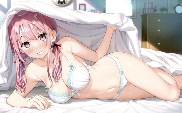 Anime picture 8561x5321 with original kurumi (kantoku) kantoku single long hair looking at viewer blush fringe highres breasts light erotic smile wide image large breasts twintails payot pink hair absurdres indoors lying