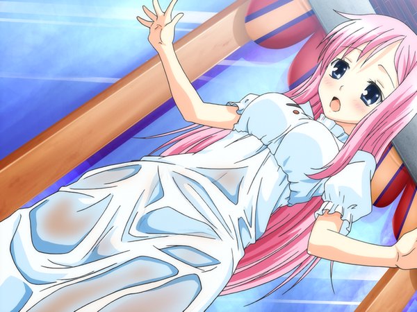 Anime picture 1024x768 with cruise cruise - shoujo no 10nen to chiisana yakusoku long hair blue eyes pink hair game cg girl sundress