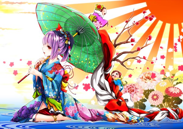 Anime picture 1449x1024 with original akira ry0 single short hair red eyes pink hair full body traditional clothes japanese clothes lips sunlight lipstick kneeling new year plum blossoms girl hair ornament flower (flowers) plant (plants) animal