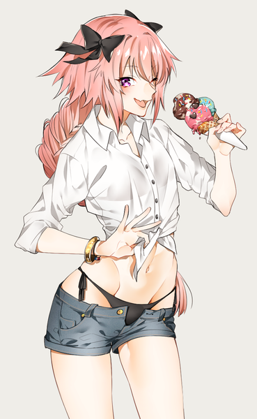 Anime picture 735x1192 with fate (series) fate/apocrypha astolfo (fate) sino42 single long hair tall image looking at viewer open mouth light erotic simple background purple eyes pink hair braid (braids) one eye closed wink grey background bare belly fang (fangs) groin