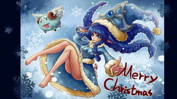 Anime picture 1920x1080 with league of legends lulu (league of legends) poro (league of legends) ishin (artist) single long hair blush highres blue eyes light erotic smile wide image animal ears blue hair braid (braids) barefoot bare legs pantyshot snowing christmas