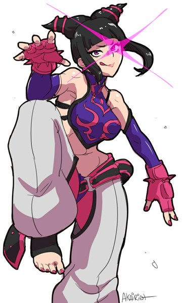 Anime picture 665x1094 with street fighter capcom han juri akairiot single tall image looking at viewer fringe short hair black hair simple background smile white background purple eyes nail polish fingernails glowing glowing eye (eyes) fighting stance girl