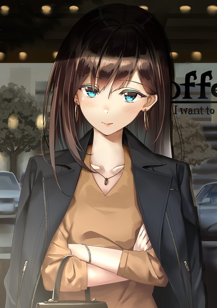 Anime picture 706x1000 with original kinugasa yuuichi single long hair tall image looking at viewer blush fringe blue eyes brown hair standing upper body outdoors long sleeves light smile reflection gradient hair crossed arms clothes on shoulders girl