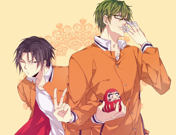 Anime picture 1028x793 with kuroko no basket production i.g midorima shintarou takao kazunari sara666 (roentgen666) looking at viewer black hair green eyes one eye closed green hair wink black eyes multiple boys victory yellow background boy uniform glasses 2 boys bandage (bandages)